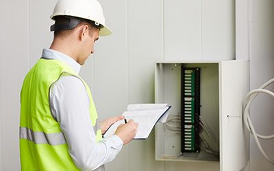 Técnico con casco y chaleco revisando un tablero eléctrico